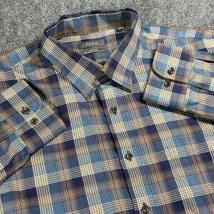 ENRO Non Iron Plaid Button Down Shirt Men 2XL Tall Blue Brown Cotton *FLAW*